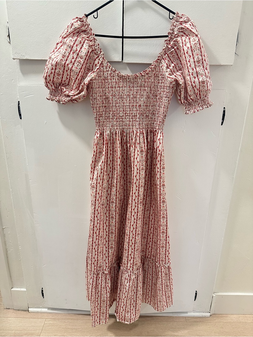 Hill house Smocked Puff Sleeve Dress in Cream & Red Floral